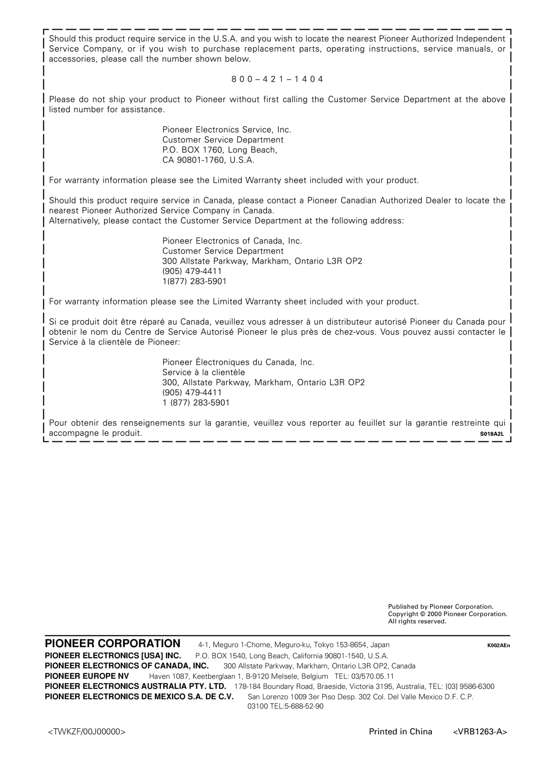 Pioneer DV-343 operating instructions Pioneer Corporation, TWKZF/00J00000 VRB1263-A 