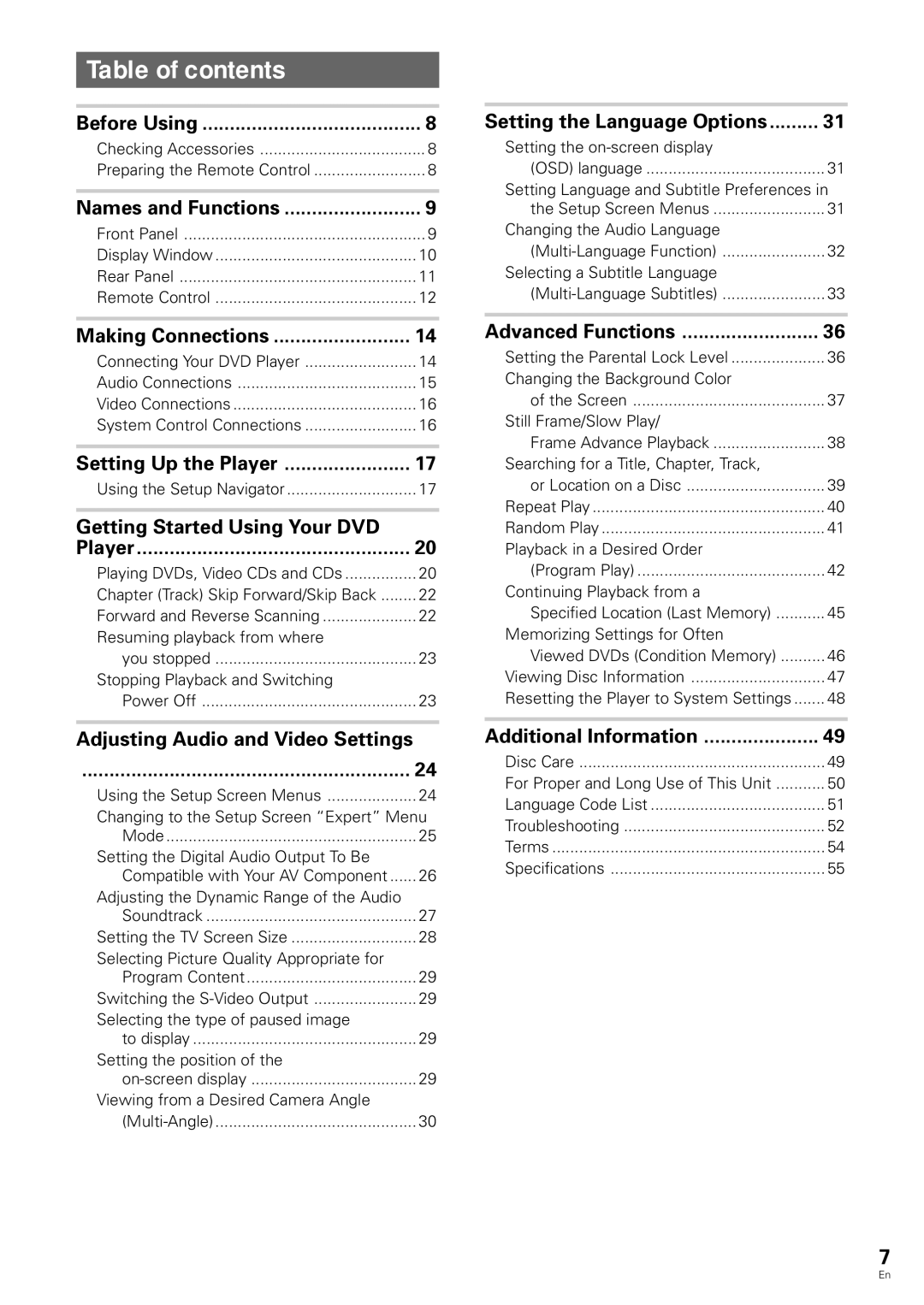 Pioneer DV-343 operating instructions Table of contents 