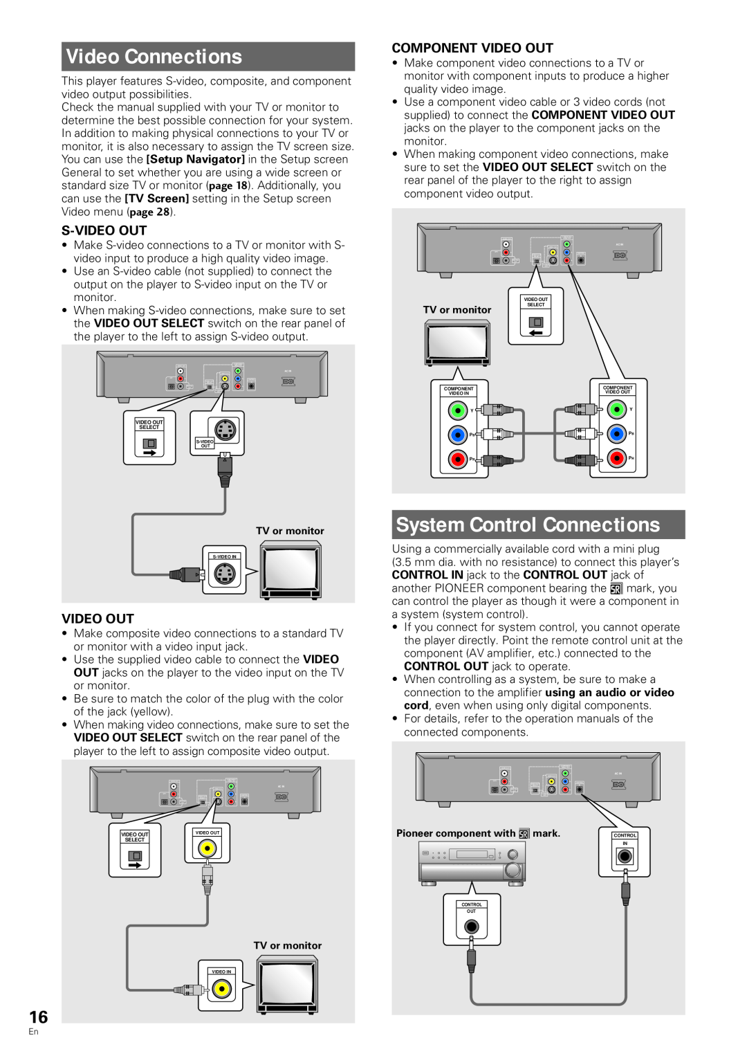 Pioneer DV-343 operating instructions Video Connections, System Control Connections, S-Video Out, Component Video Out 