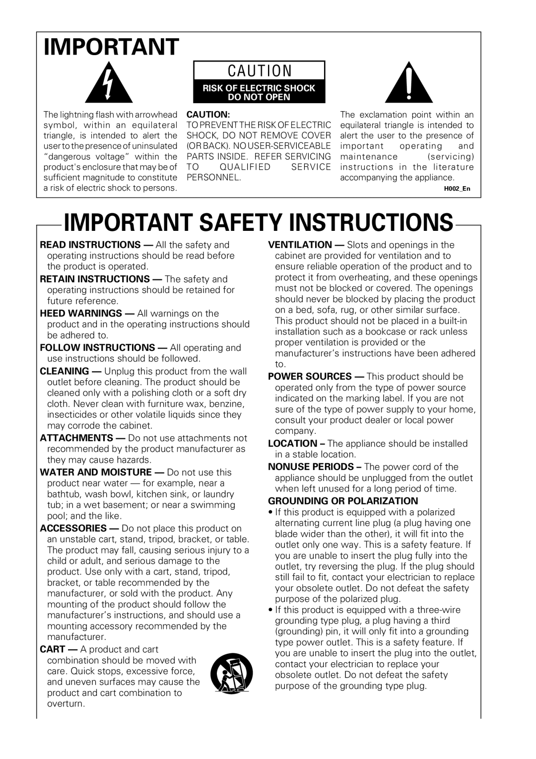 Pioneer DV-250, DV-353, DV-251 operating instructions Important Safety Instructions 