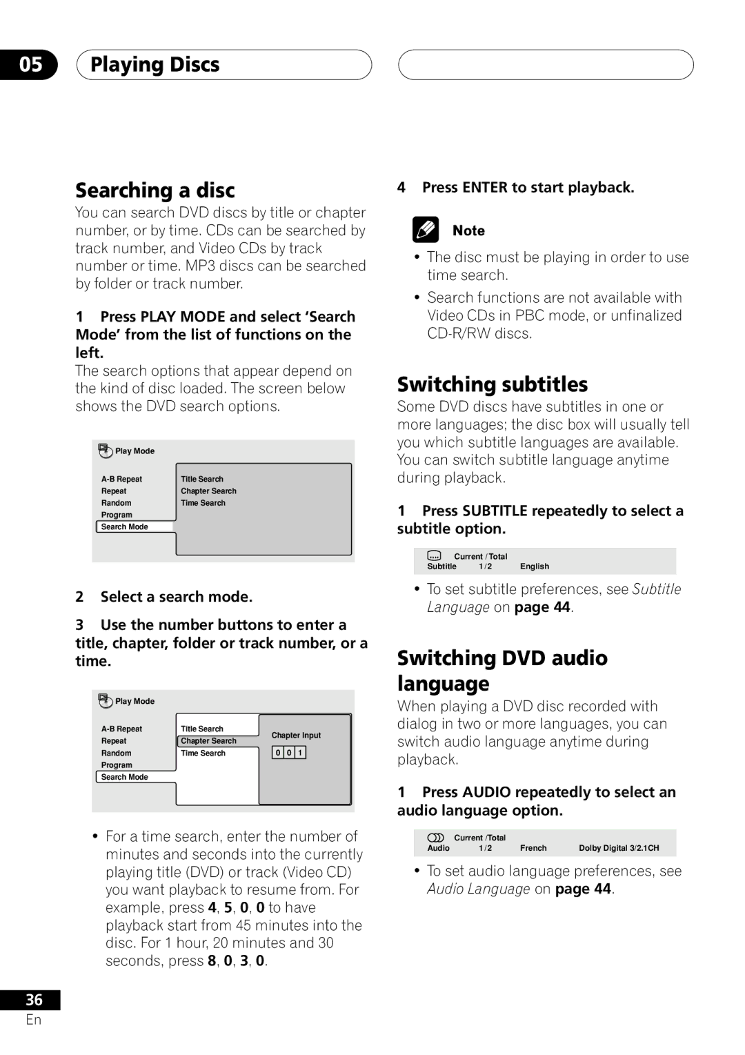 Pioneer DV-353, DV-251, DV-250 Playing Discs Searching a disc, Switching subtitles, Switching DVD audio language 