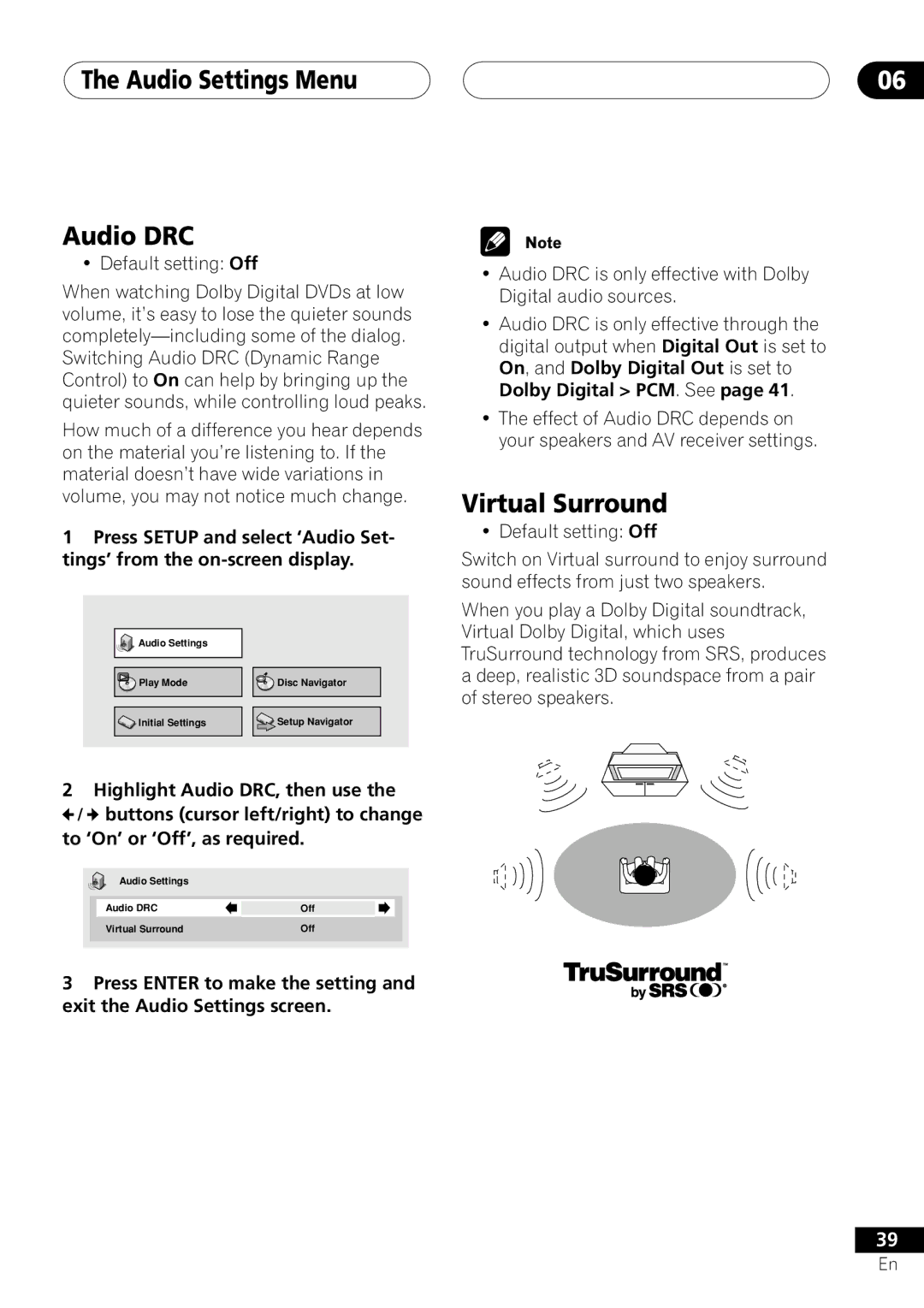 Pioneer DV-353, DV-251, DV-250 operating instructions Audio Settings Menu Audio DRC, Virtual Surround 