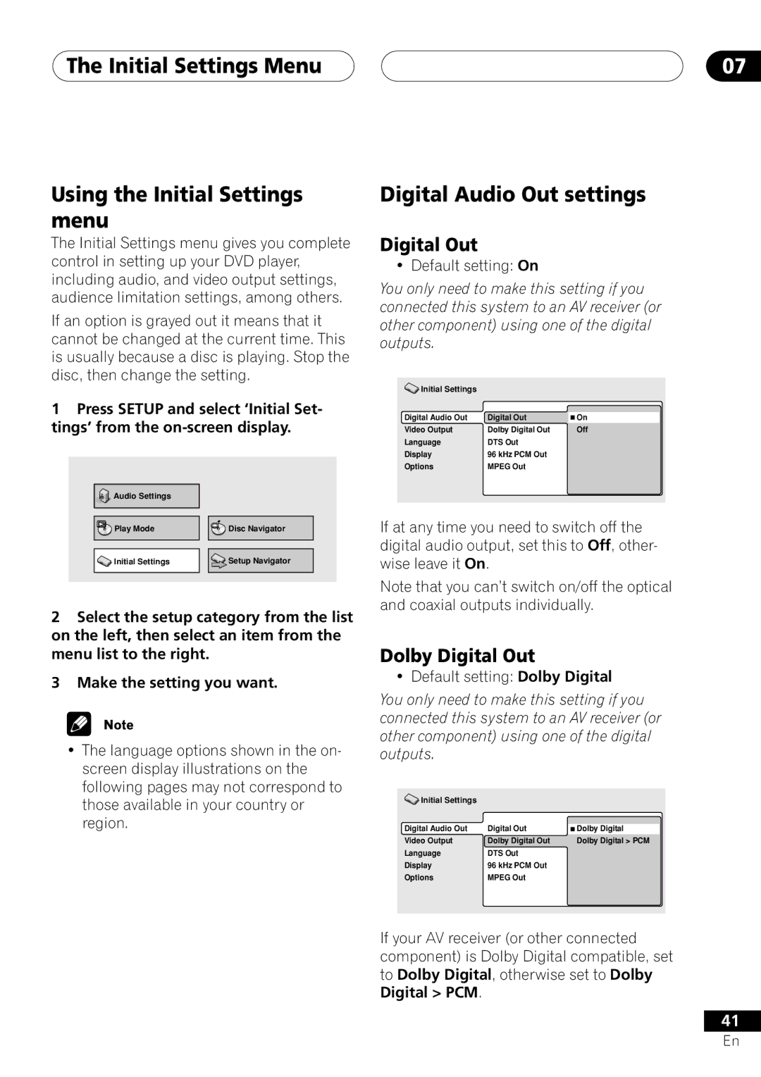 Pioneer DV-250, DV-353 Initial Settings Menu Using the Initial Settings menu, Digital Audio Out settings, Digital Out 