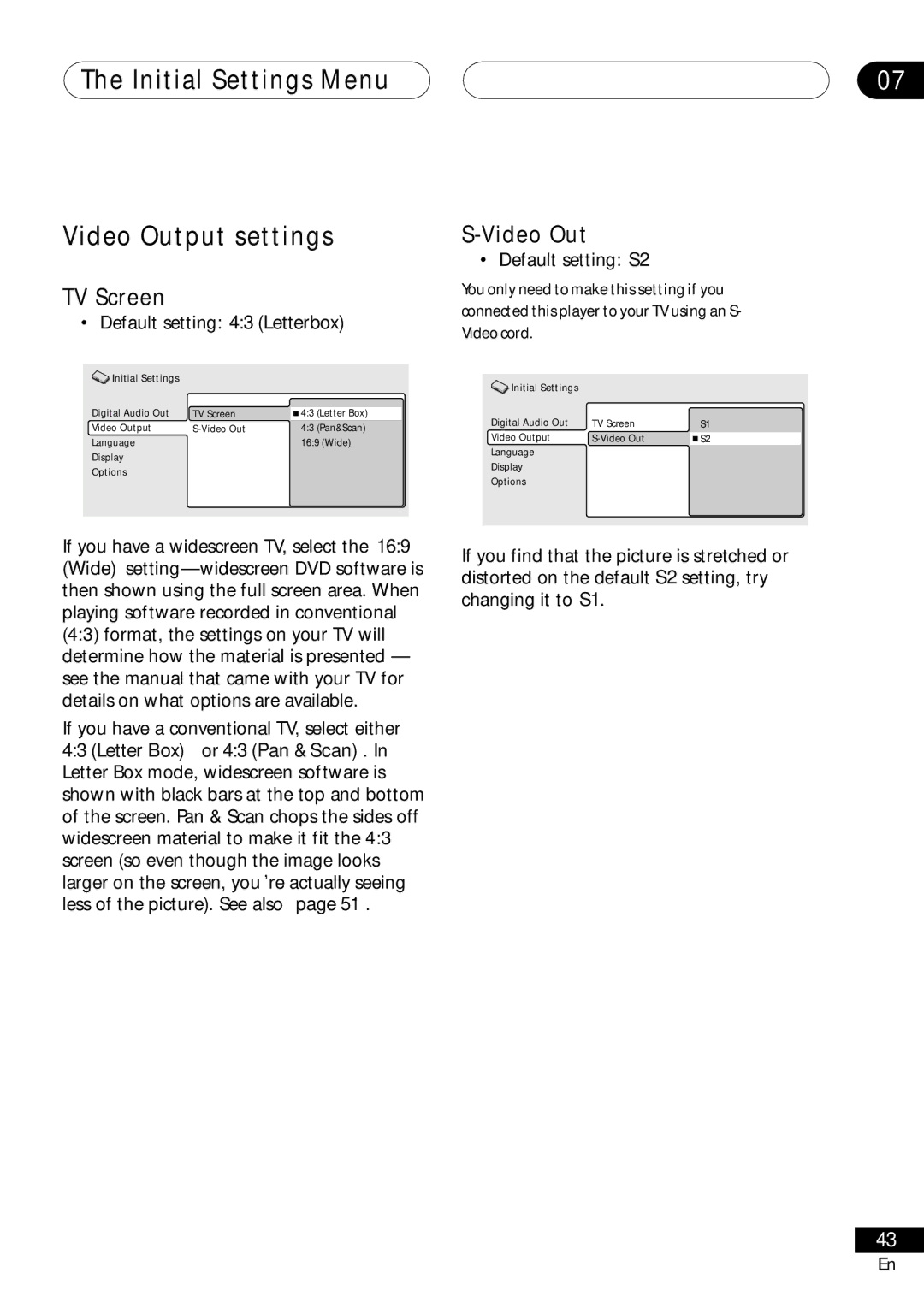 Pioneer DV-251 Initial Settings Menu Video Output settings, TV Screen, Default setting 43 Letterbox, Default setting S2 