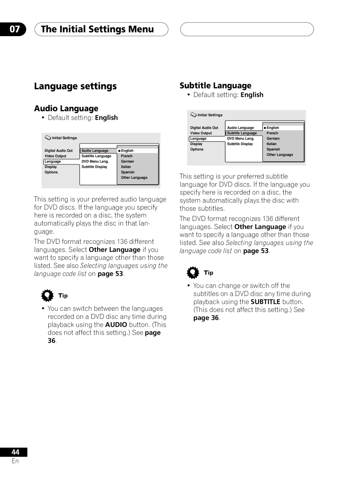 Pioneer DV-250, DV-353 Initial Settings Menu Language settings, Audio Language, Subtitle Language, Default setting English 