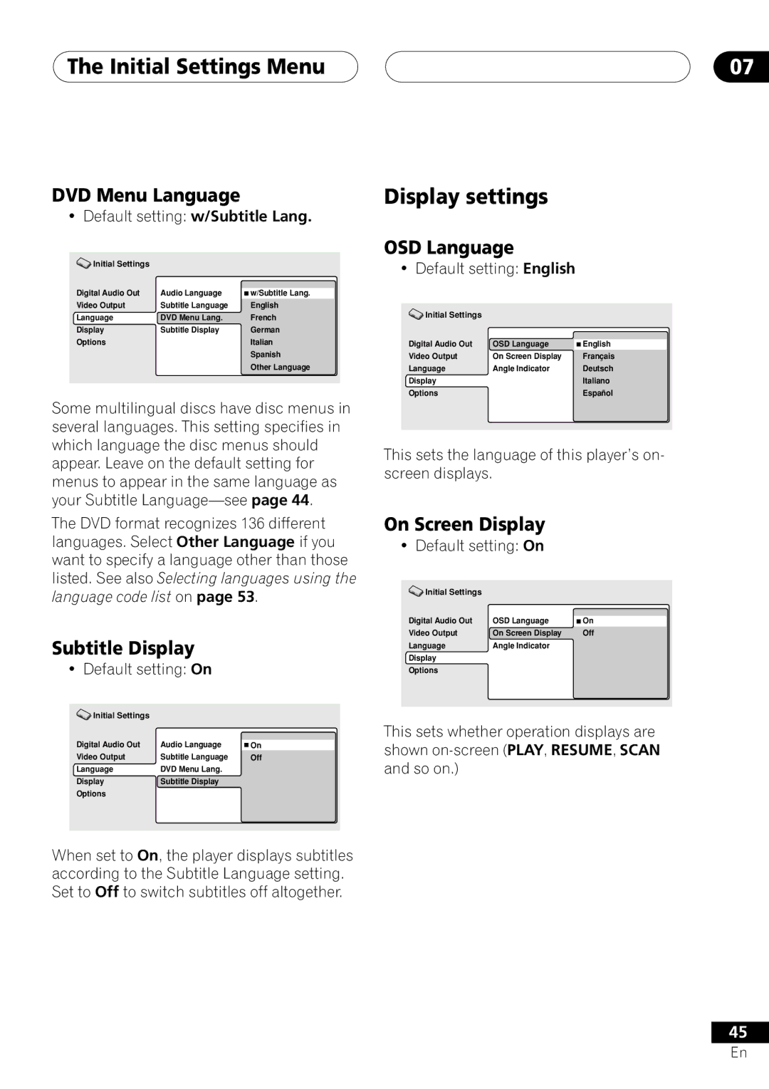 Pioneer DV-353, DV-251, DV-250 Display settings, DVD Menu Language, Subtitle Display, OSD Language, On Screen Display 