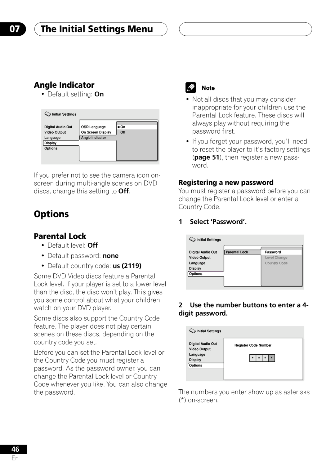 Pioneer DV-251, DV-353, DV-250 operating instructions Options, Angle Indicator, Parental Lock, Select ‘Password’ 