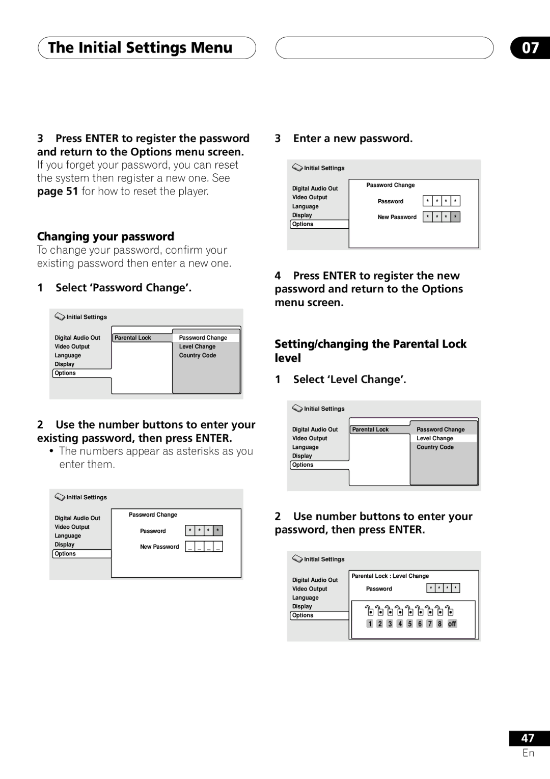 Pioneer DV-250, DV-353 Select ‘Password Change’, Numbers appear as asterisks as you enter them, Enter a new password 