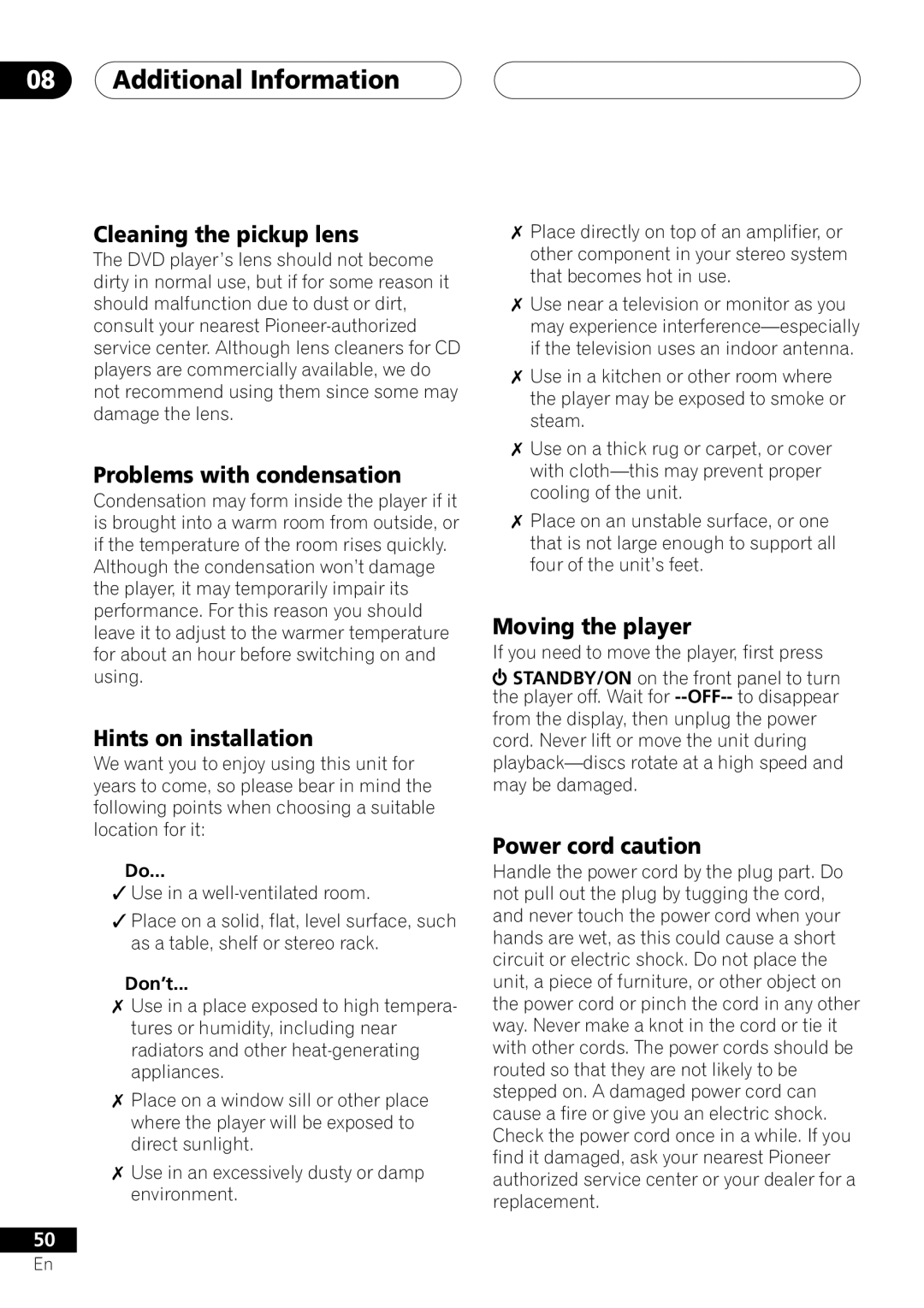 Pioneer DV-250, DV-353, DV-251 operating instructions Additional Information 