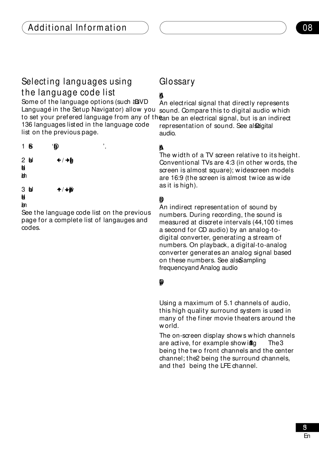 Pioneer DV-250, DV-353, DV-251 operating instructions Glossary, Analog audio, Aspect ratio, Digital audio, Dolby Digital 