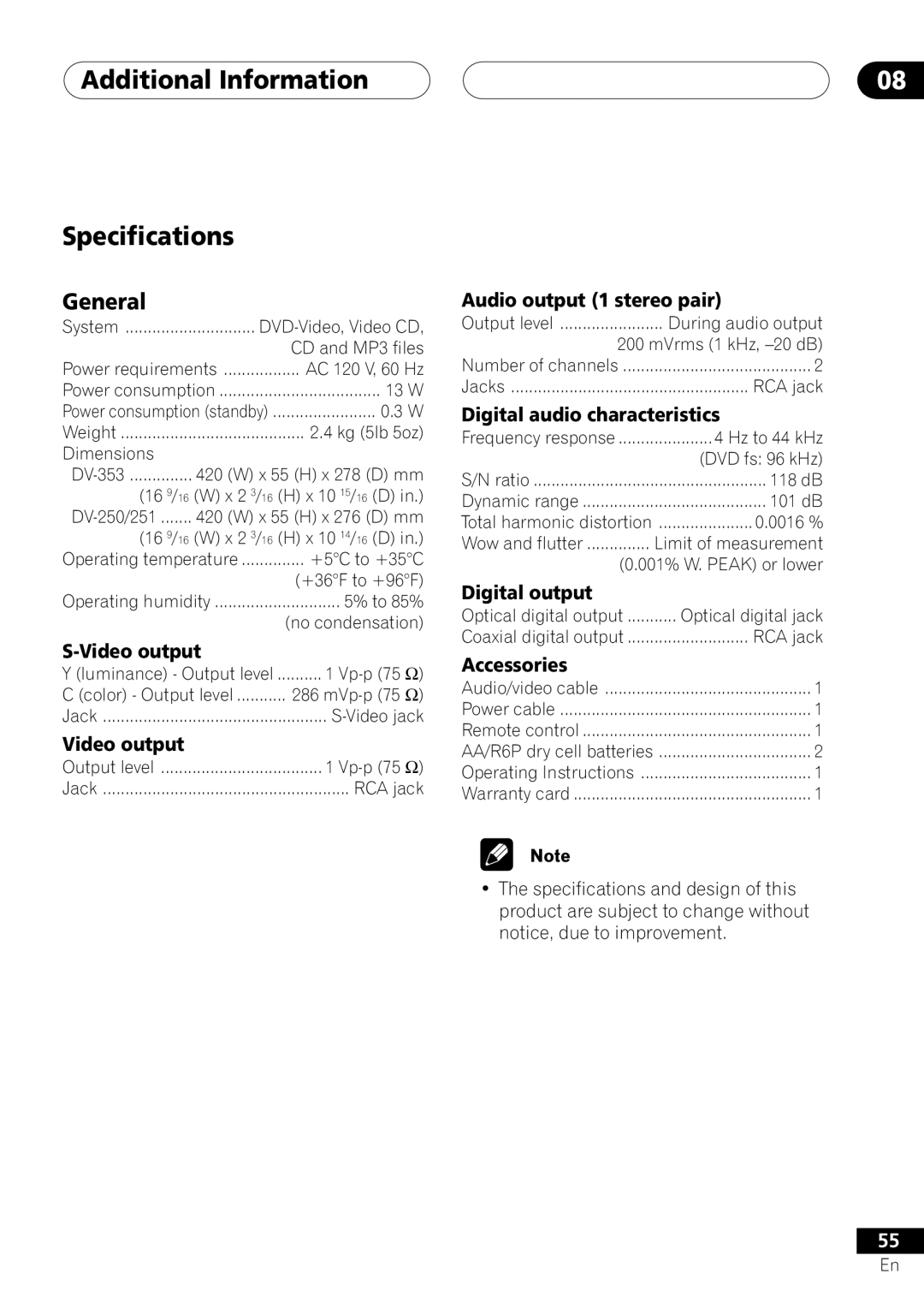 Pioneer DV-251, DV-353, DV-250 operating instructions Additional Information Specifications, General 