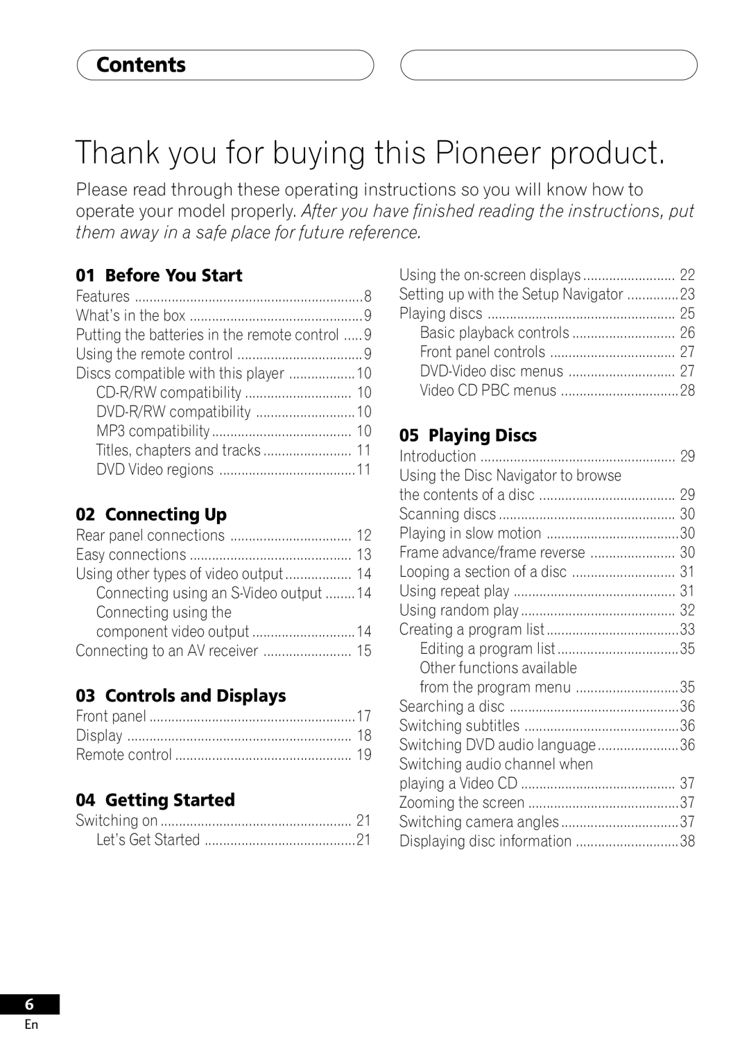 Pioneer DV-353, DV-251, DV-250 operating instructions Thank you for buying this Pioneer product, Contents 