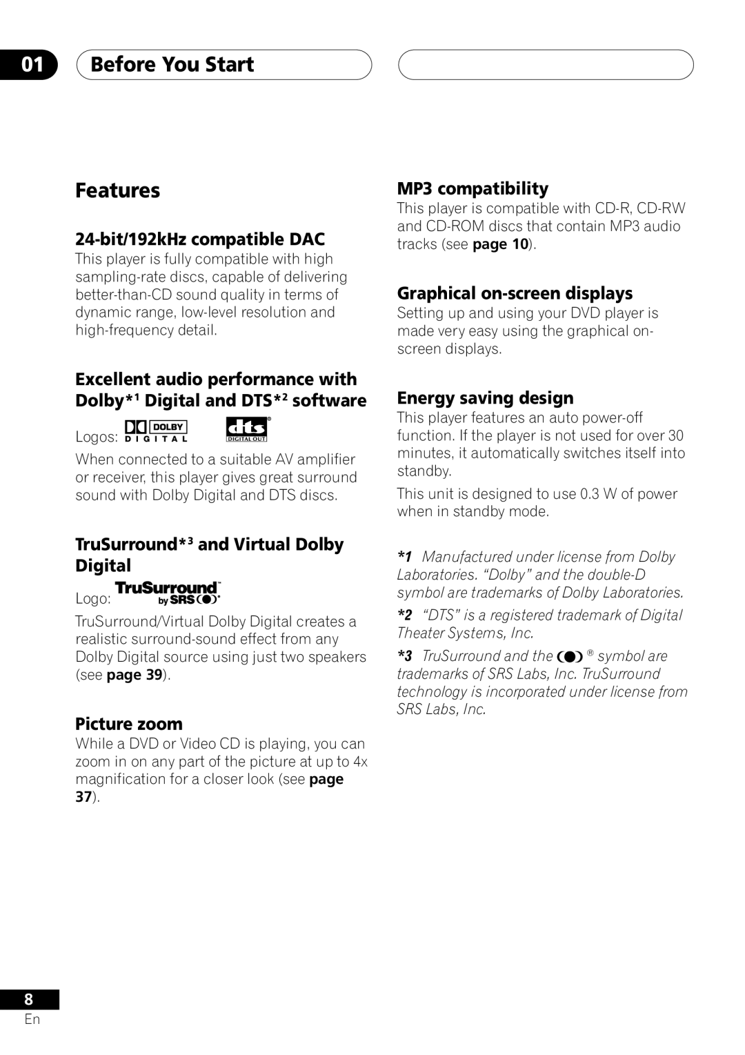 Pioneer DV-250, DV-353, DV-251 operating instructions Before You Start Features, 24-bit/192kHz compatible DAC 