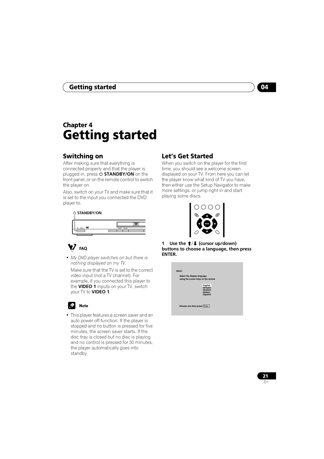 Pioneer DV-360, DV-464, DV-2650 operating instructions Getting started Chapter, Switching on, Let’s Get Started 