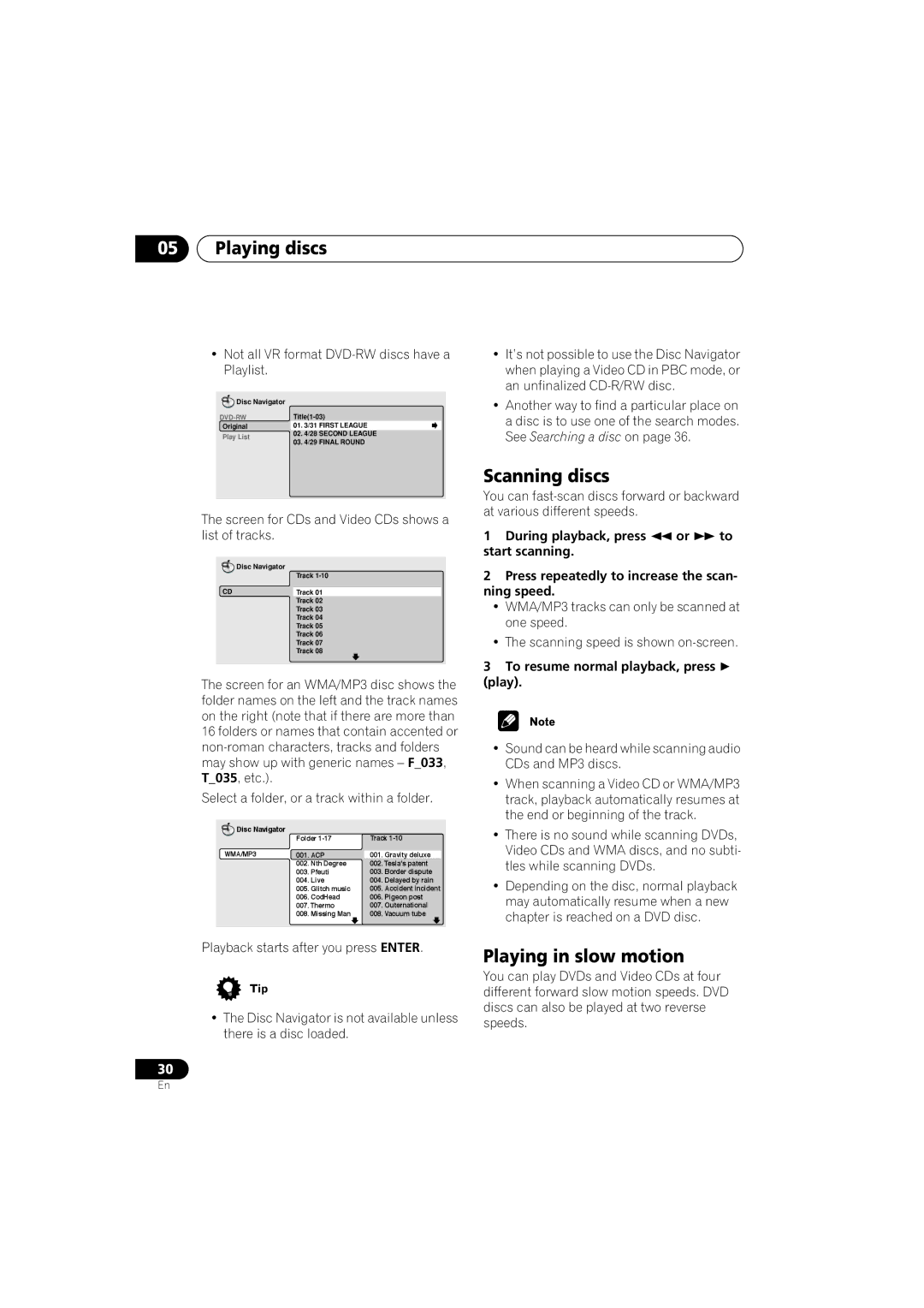 Pioneer DV-360, DV-464, DV-2650 Scanning discs, Playing in slow motion, Not all VR format DVD-RW discs have a Playlist 