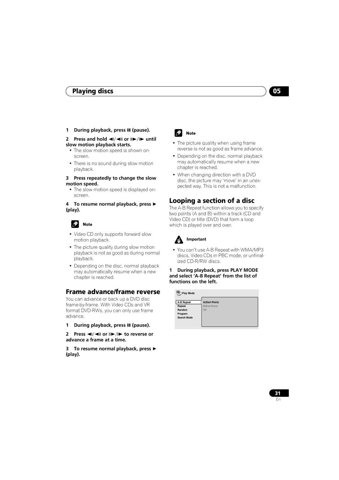 Pioneer DV-464, DV-360, DV-2650 operating instructions Frame advance/frame reverse, Looping a section of a disc 