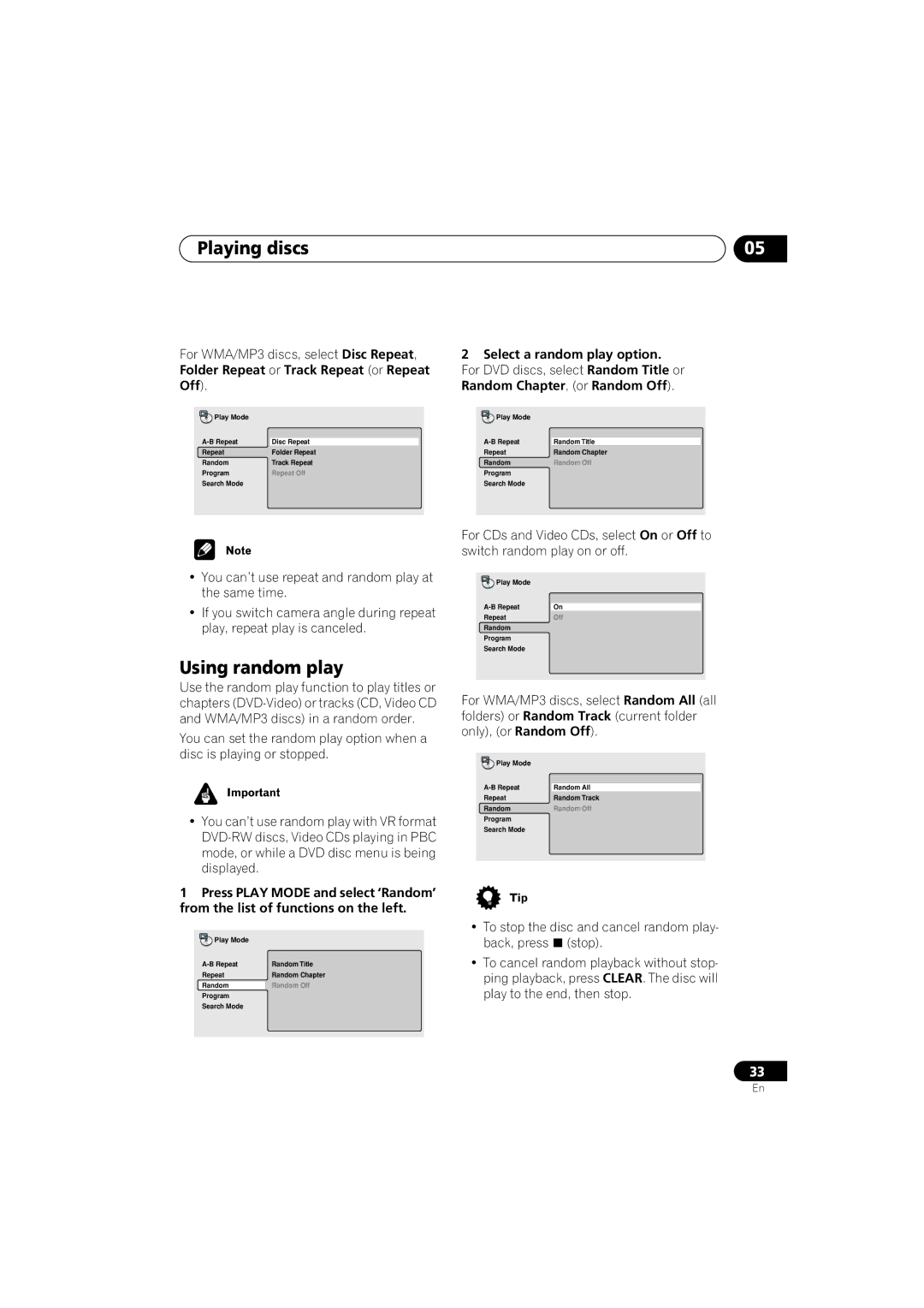 Pioneer DV-360, DV-464, DV-2650 operating instructions Using random play, Select a random play option 