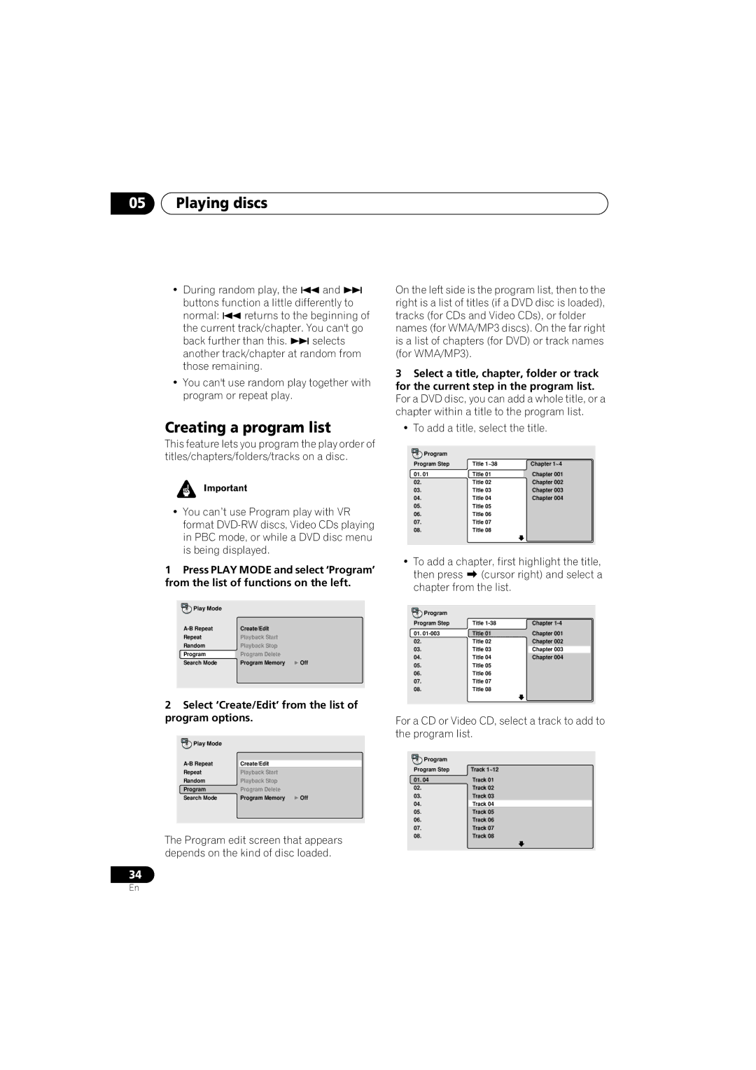 Pioneer DV-464, DV-360, DV-2650 Creating a program list, Select ‘Create/Edit’ from the list of program options 