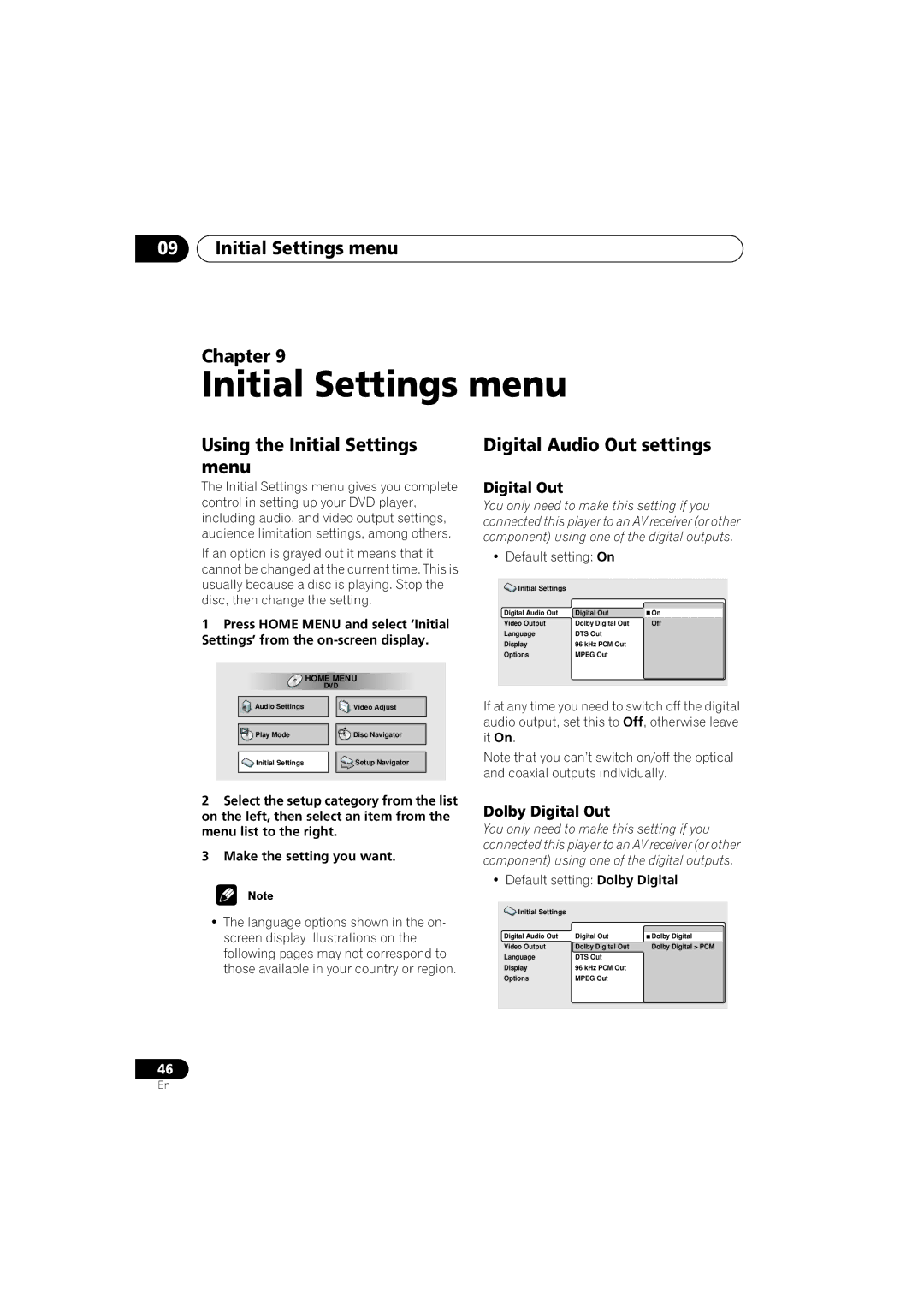 Pioneer DV-464, DV-360 Initial Settings menu Chapter, Using the Initial Settings menu, Digital Audio Out settings 