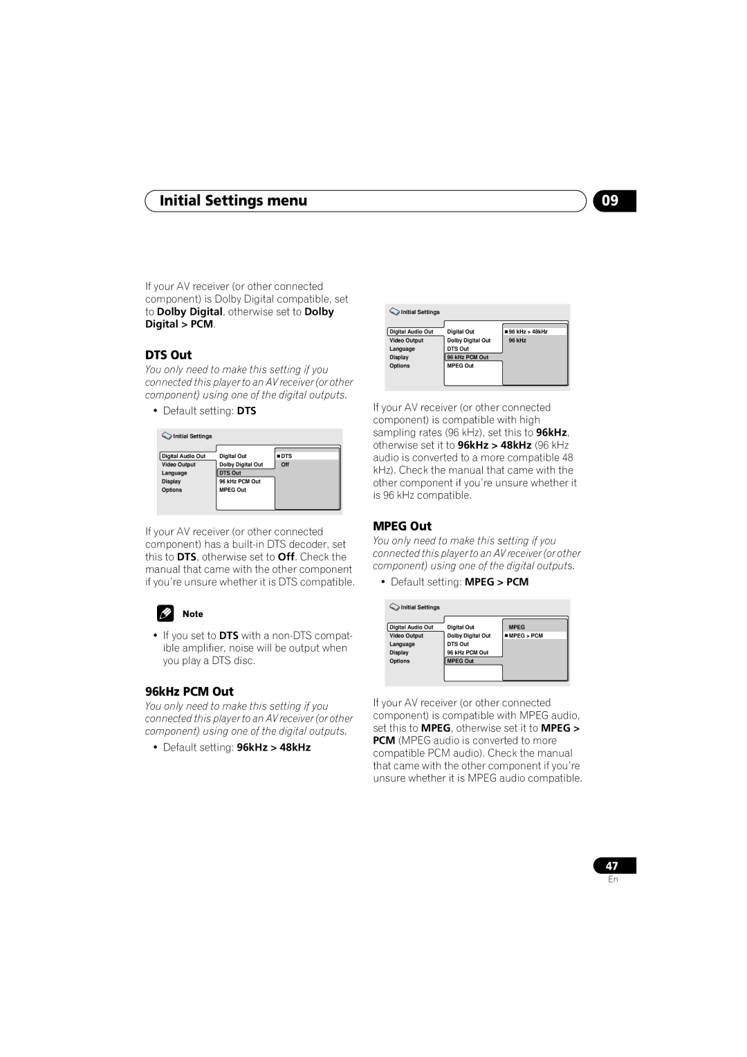Pioneer DV-2650, DV-360, DV-464 operating instructions Initial Settings menu, DTS Out, 96kHz PCM Out, Mpeg Out 