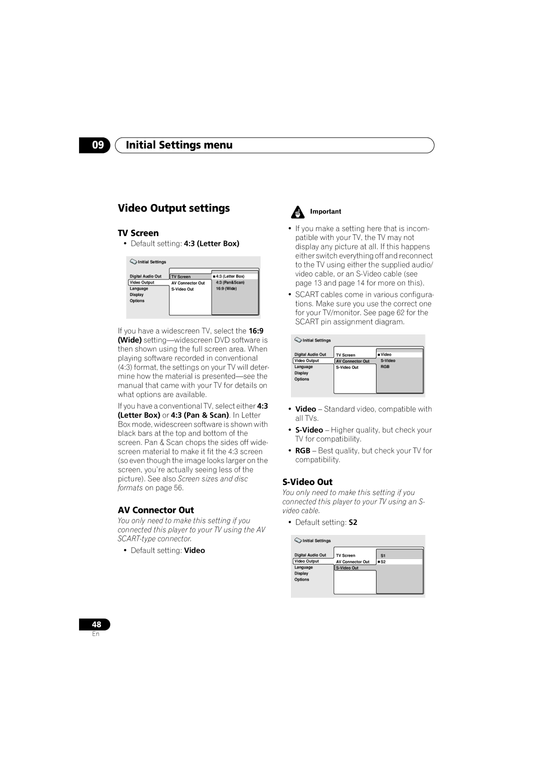 Pioneer DV-360, DV-464, DV-2650 Initial Settings menu Video Output settings, TV Screen, AV Connector Out 