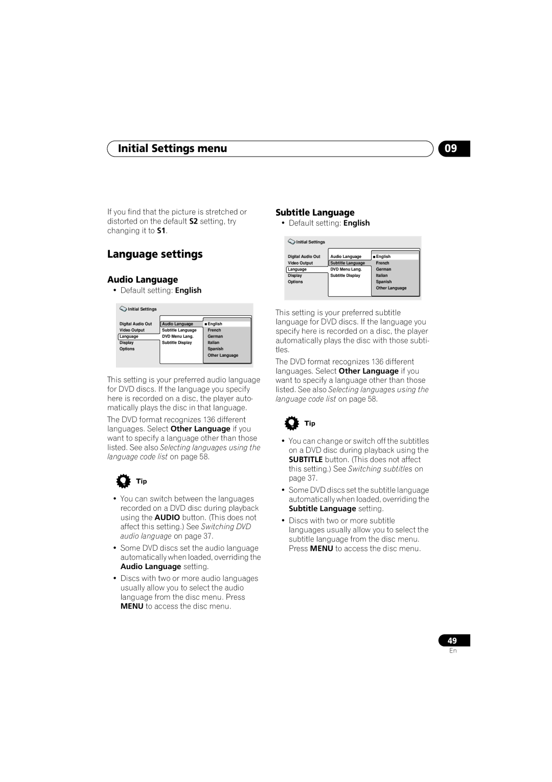 Pioneer DV-464, DV-360, DV-2650 Language settings, Audio Language, Subtitle Language, Default setting English 