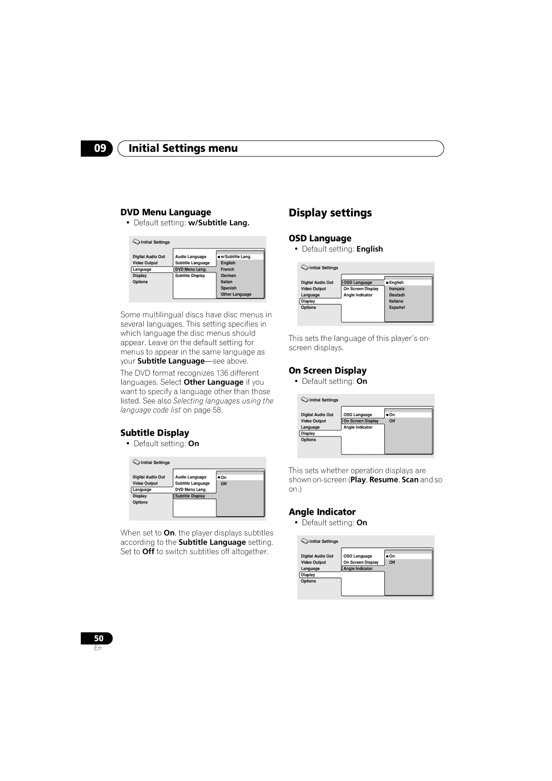 Pioneer DV-2650, DV-360, DV-464 operating instructions Display settings 