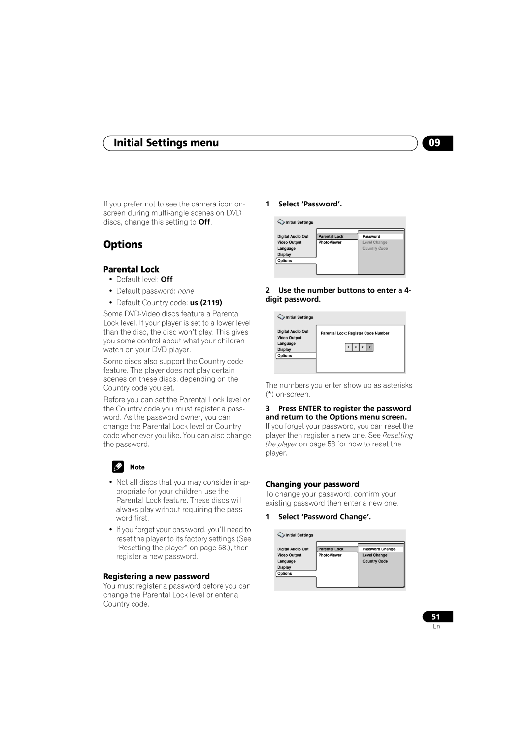 Pioneer DV-360, DV-464, DV-2650 Options, Parental Lock, Registering a new password, Changing your password 