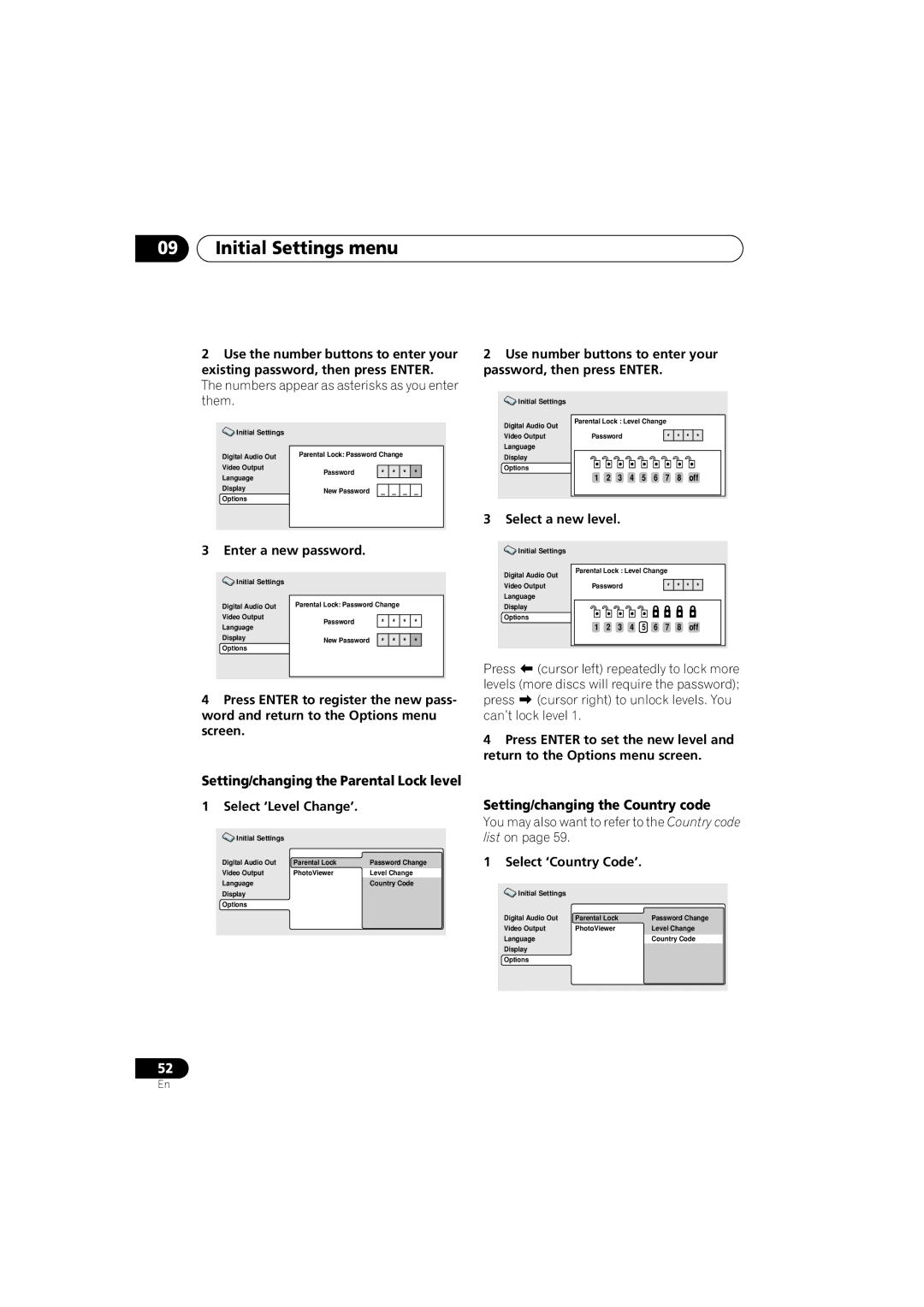 Pioneer DV-464, DV-360, DV-2650 Setting/changing the Parental Lock level, Setting/changing the Country code 