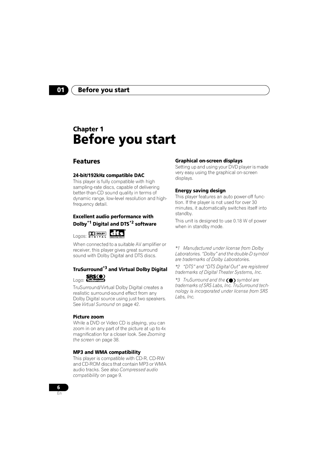 Pioneer DV-360, DV-464, DV-2650 operating instructions Before you start Chapter, Features 