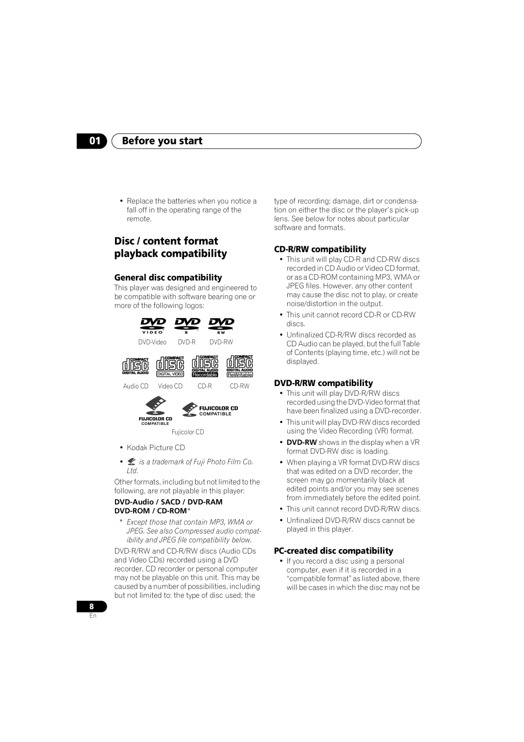 Pioneer DV-2650, DV-360, DV-464 operating instructions Before you start, Disc / content format playback compatibility 