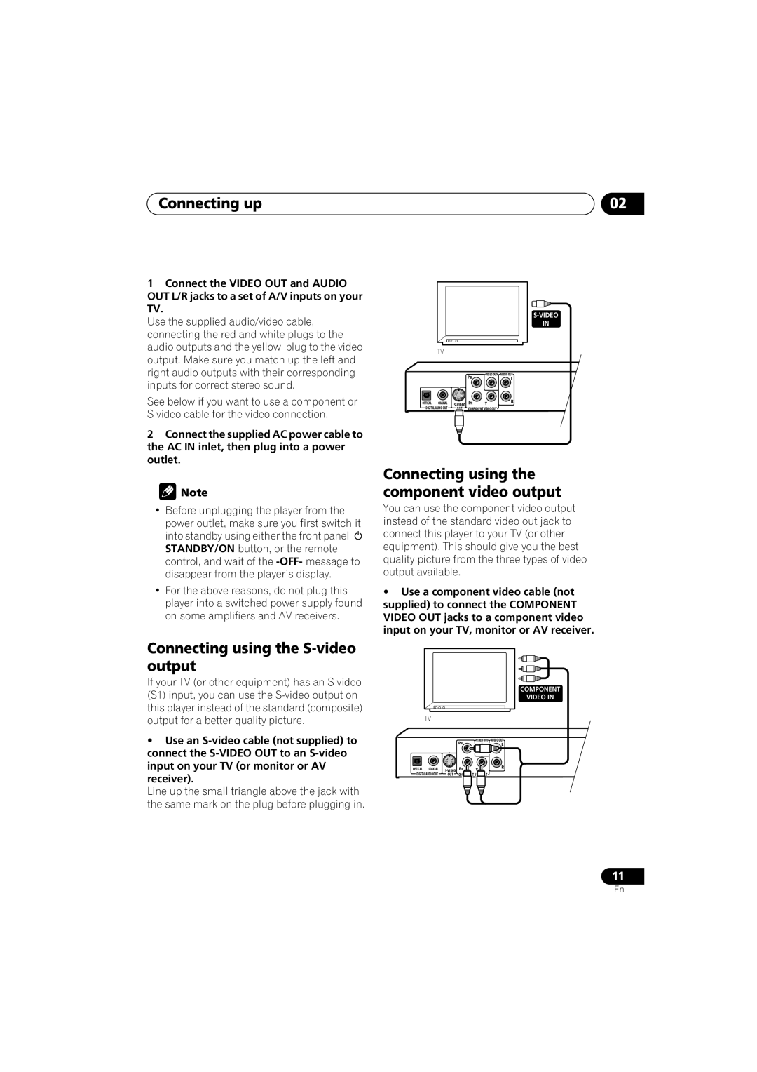 Pioneer DV-383-K, DV-380-S Connecting up, Connecting using the S-video output, Connecting using the component video output 