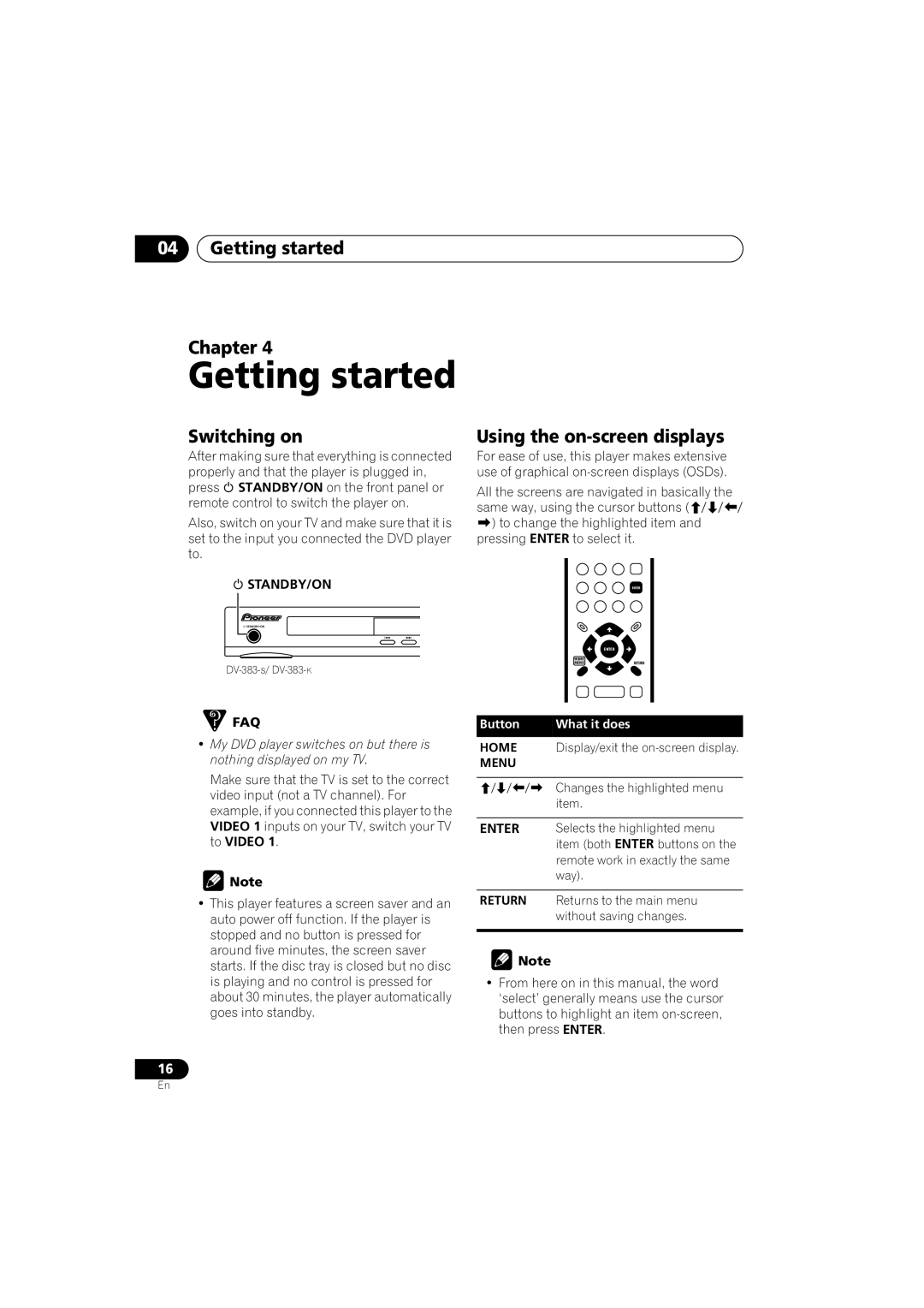 Pioneer DV-380-S, DV-383-K operating instructions Getting started Chapter, Switching on, Using the on-screen displays 