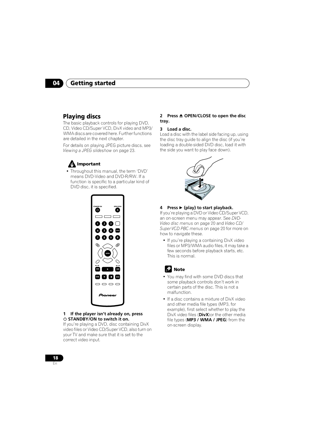 Pioneer DV-380-S, DV-383-K Getting started Playing discs, Press OPEN/CLOSE to open the disc tray Load a disc 