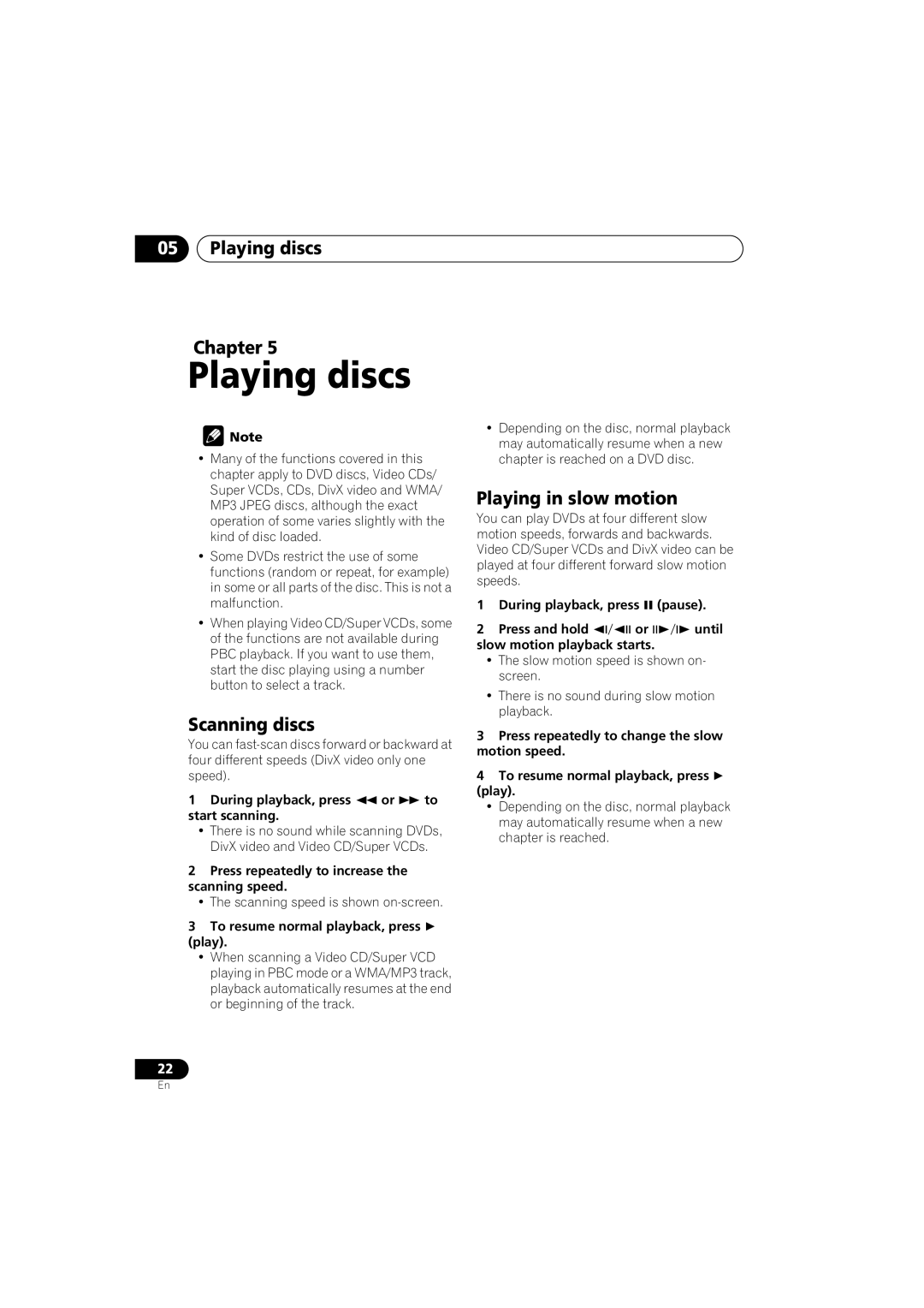 Pioneer DV-380-S, DV-383-K operating instructions Playing discs Chapter, Scanning discs, Playing in slow motion 