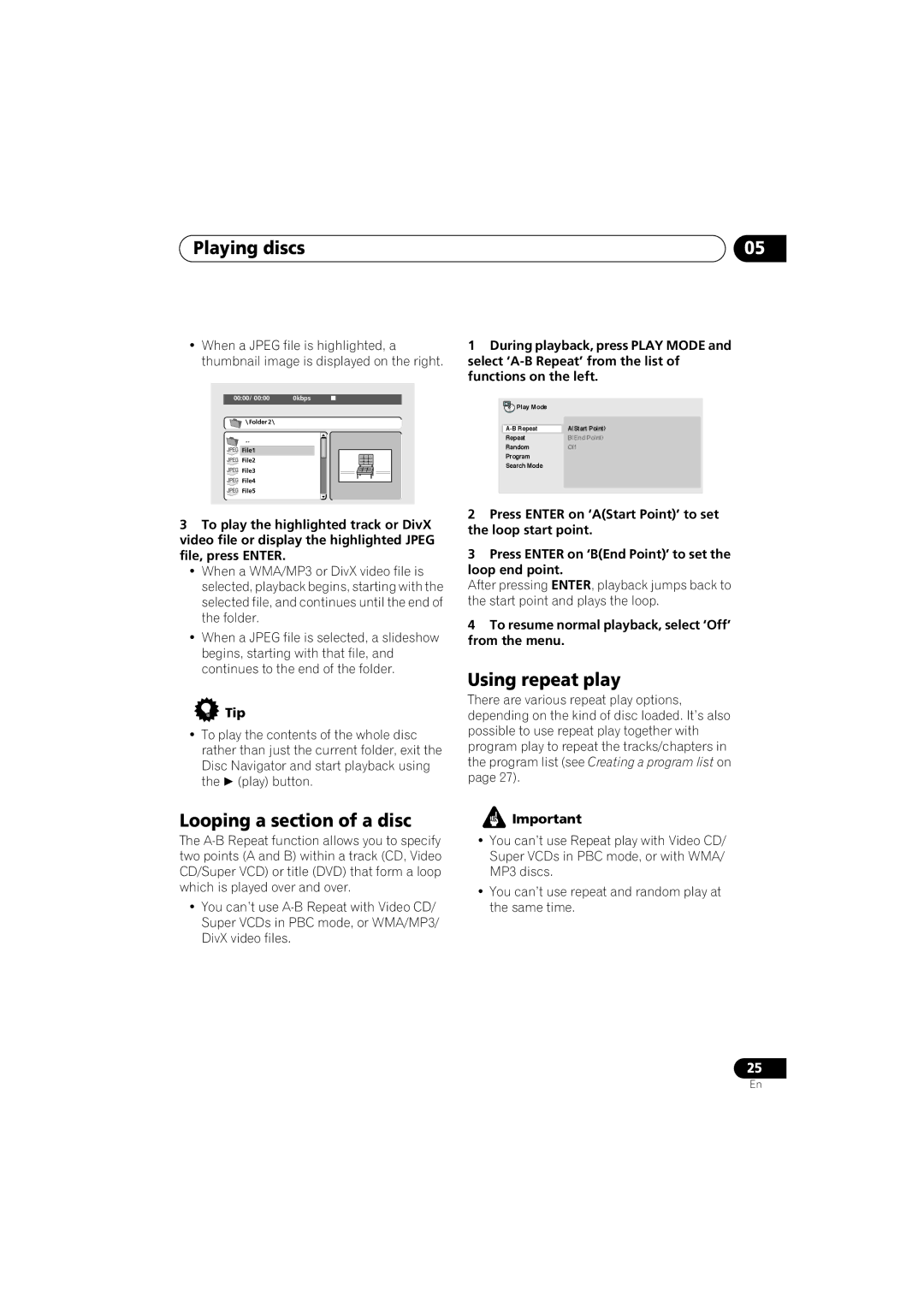 Pioneer DV-383-K Looping a section of a disc, Using repeat play, To resume normal playback, select ‘Off’ from the menu 