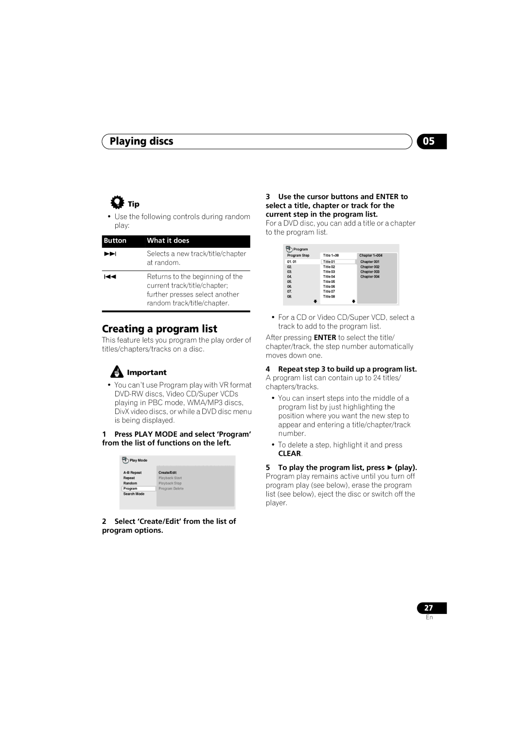 Pioneer DV-383-K, DV-380-S operating instructions Creating a program list, Clear, To play the program list, press play 