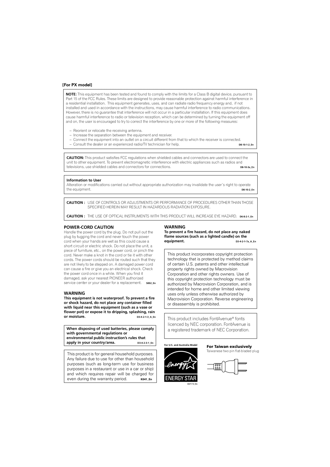 Pioneer DV-383-K, DV-380-S operating instructions POWER-CORD Caution, For PX model 