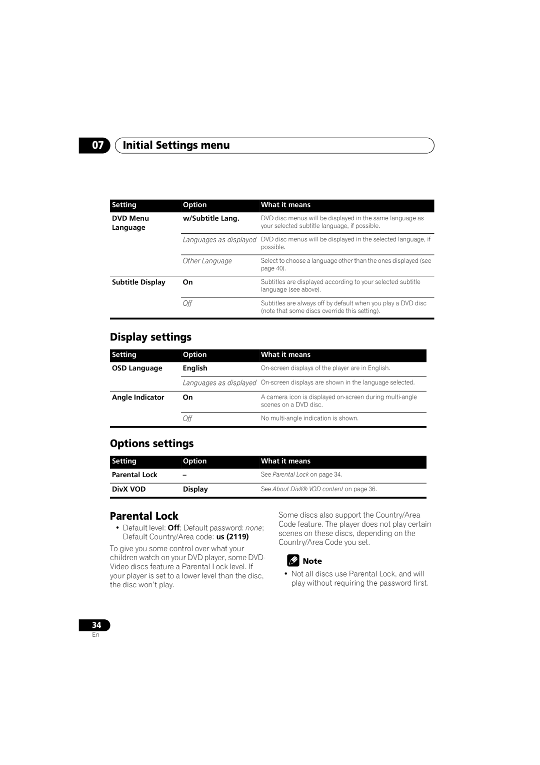 Pioneer DV-380-S, DV-383-K operating instructions Display settings, Options settings, Parental Lock 