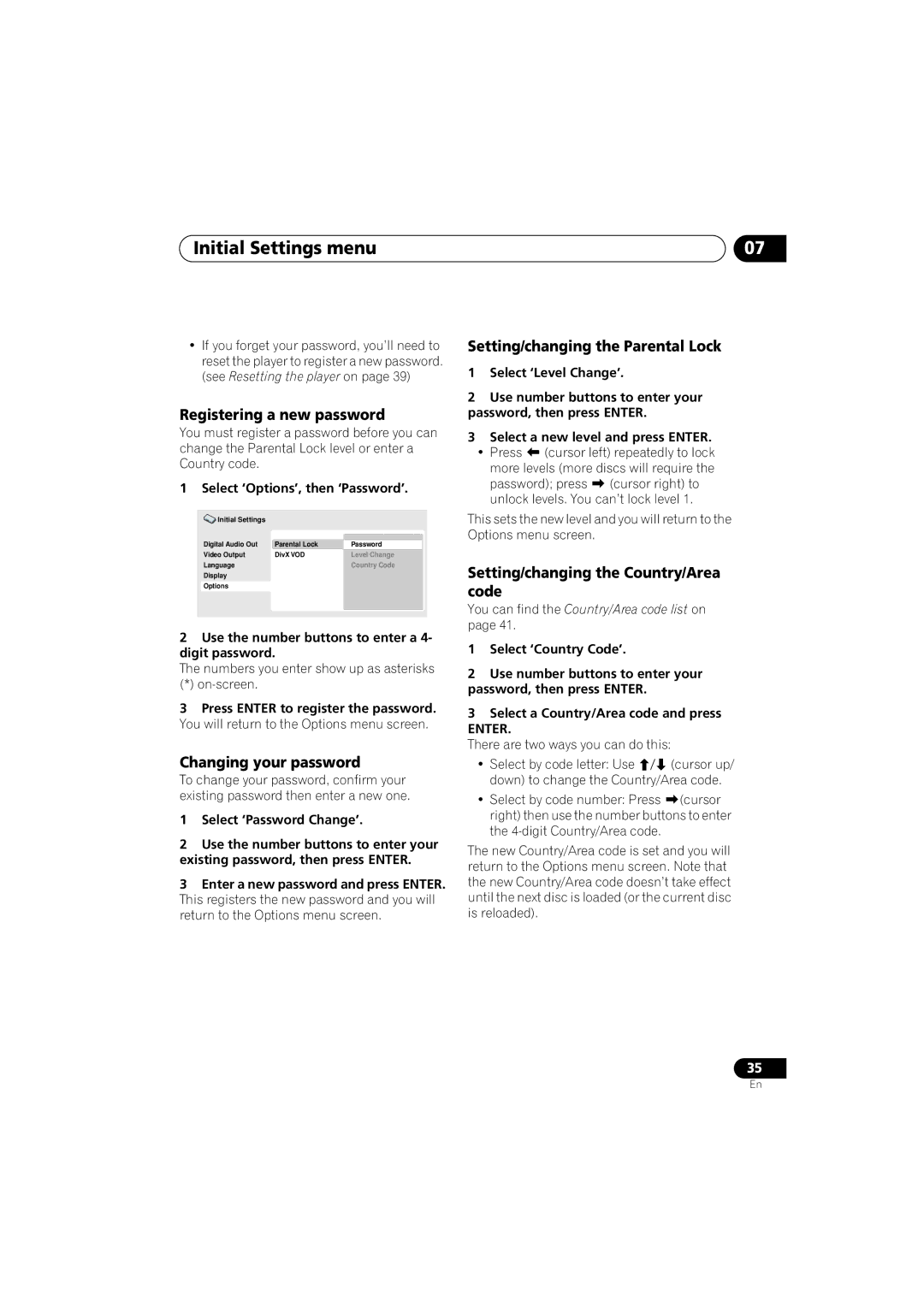 Pioneer DV-383-K, DV-380-S Registering a new password, Changing your password, Setting/changing the Parental Lock 