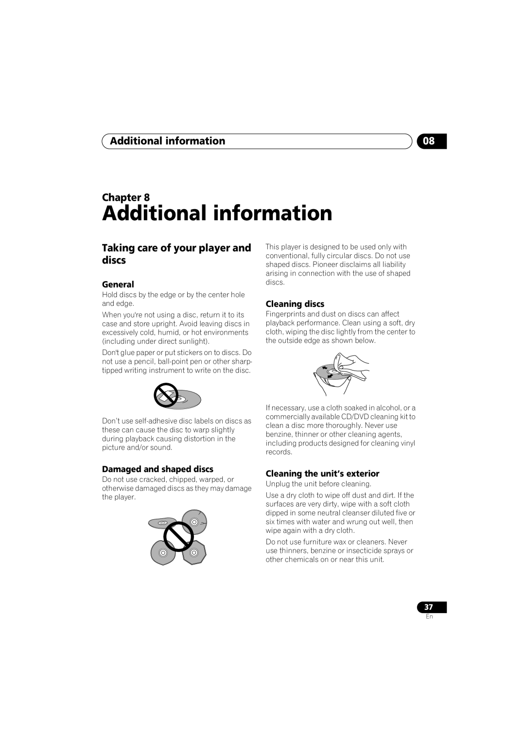 Pioneer DV-383-K, DV-380-S operating instructions Additional information Chapter, Taking care of your player and discs 