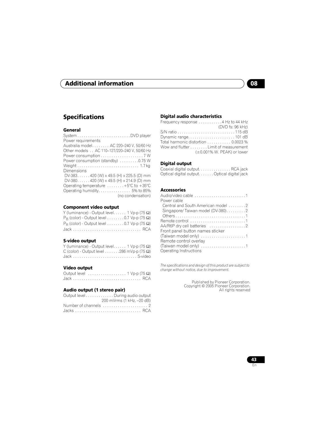 Pioneer DV-383-K, DV-380-S operating instructions Additional information Specifications, General 