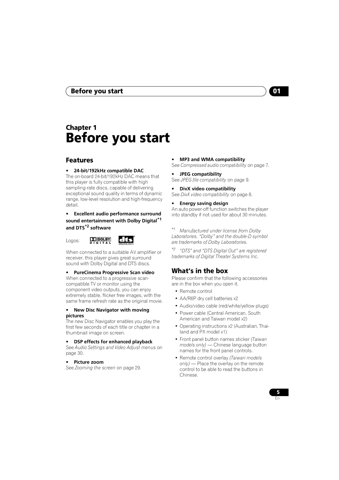 Pioneer DV-383-K, DV-380-S operating instructions Before you start Chapter, Features, What’s in the box 