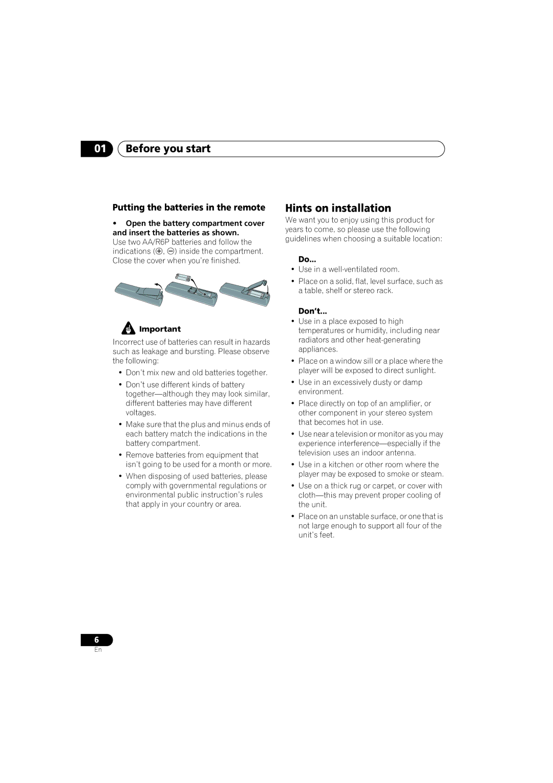 Pioneer DV-380-S, DV-383-K Before you start, Hints on installation, Putting the batteries in the remote 