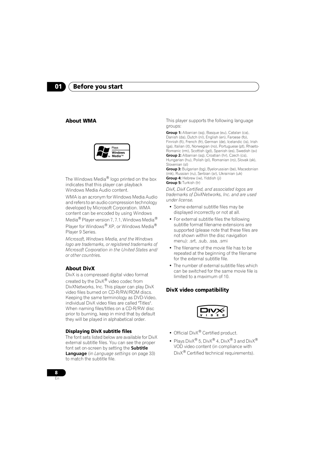 Pioneer DV-380-S, DV-383-K operating instructions About WMA, About DivX, DivX video compatibility 