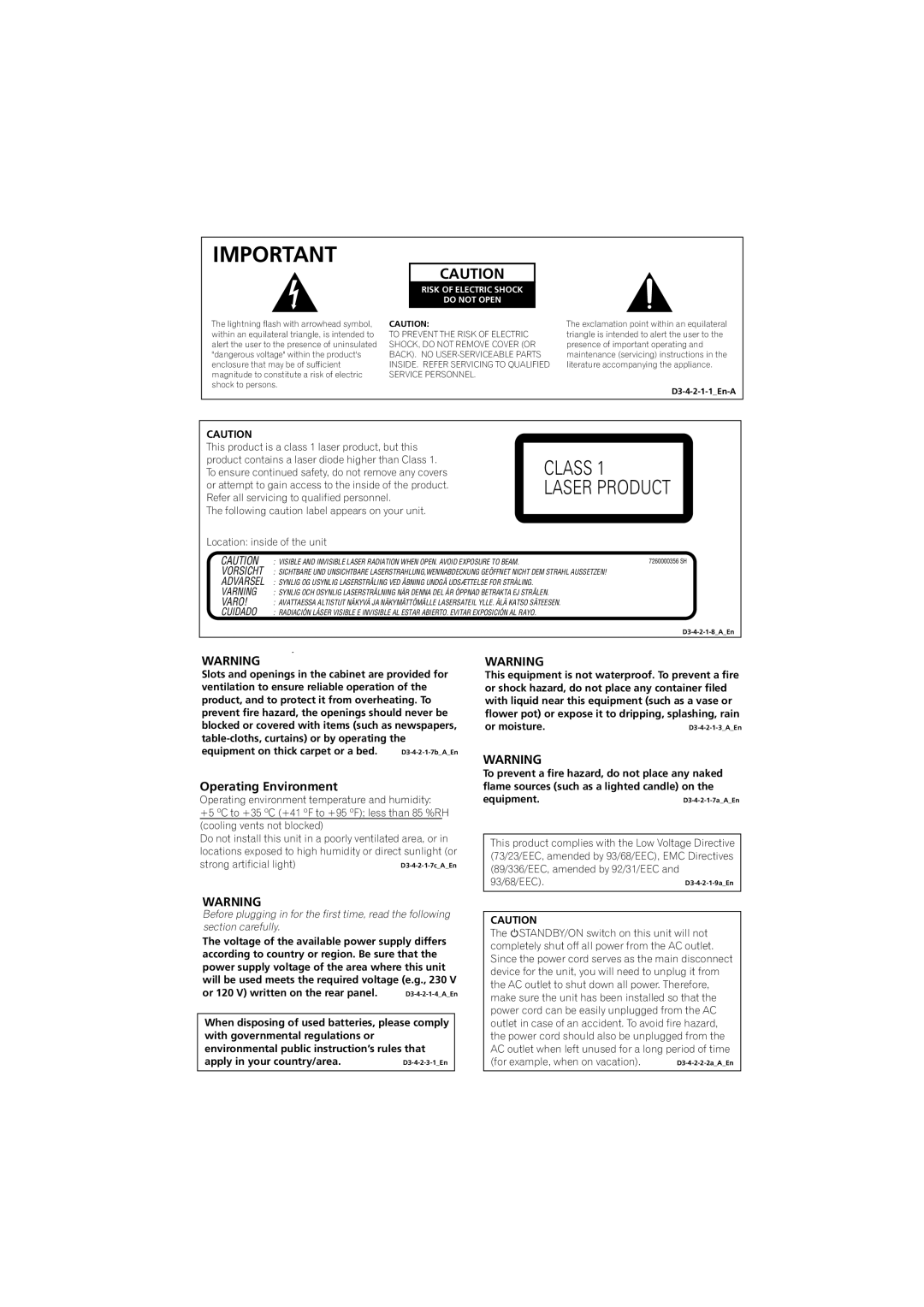 Pioneer DV-393-S manual Operating Environment, Risk of Electric Shock Do not Open 