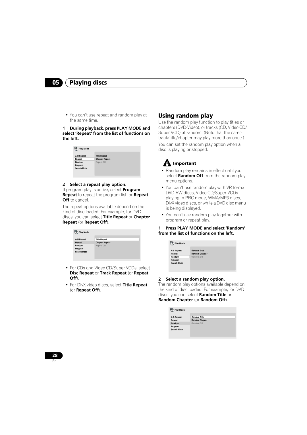 Pioneer DV-393-S manual Using random play, Select a repeat play option, Select a random play option 