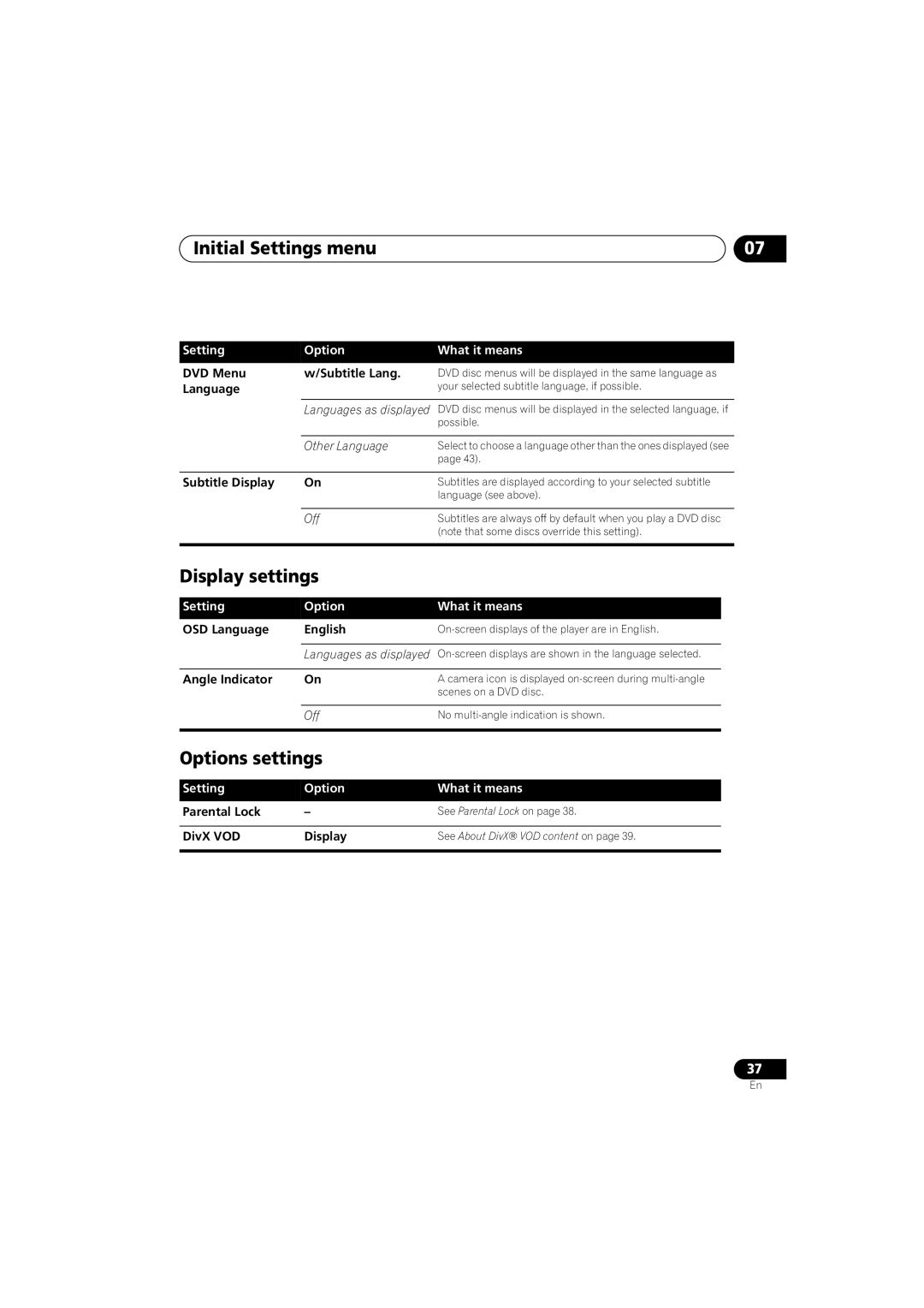 Pioneer DV-393-S manual Display settings, Options settings 