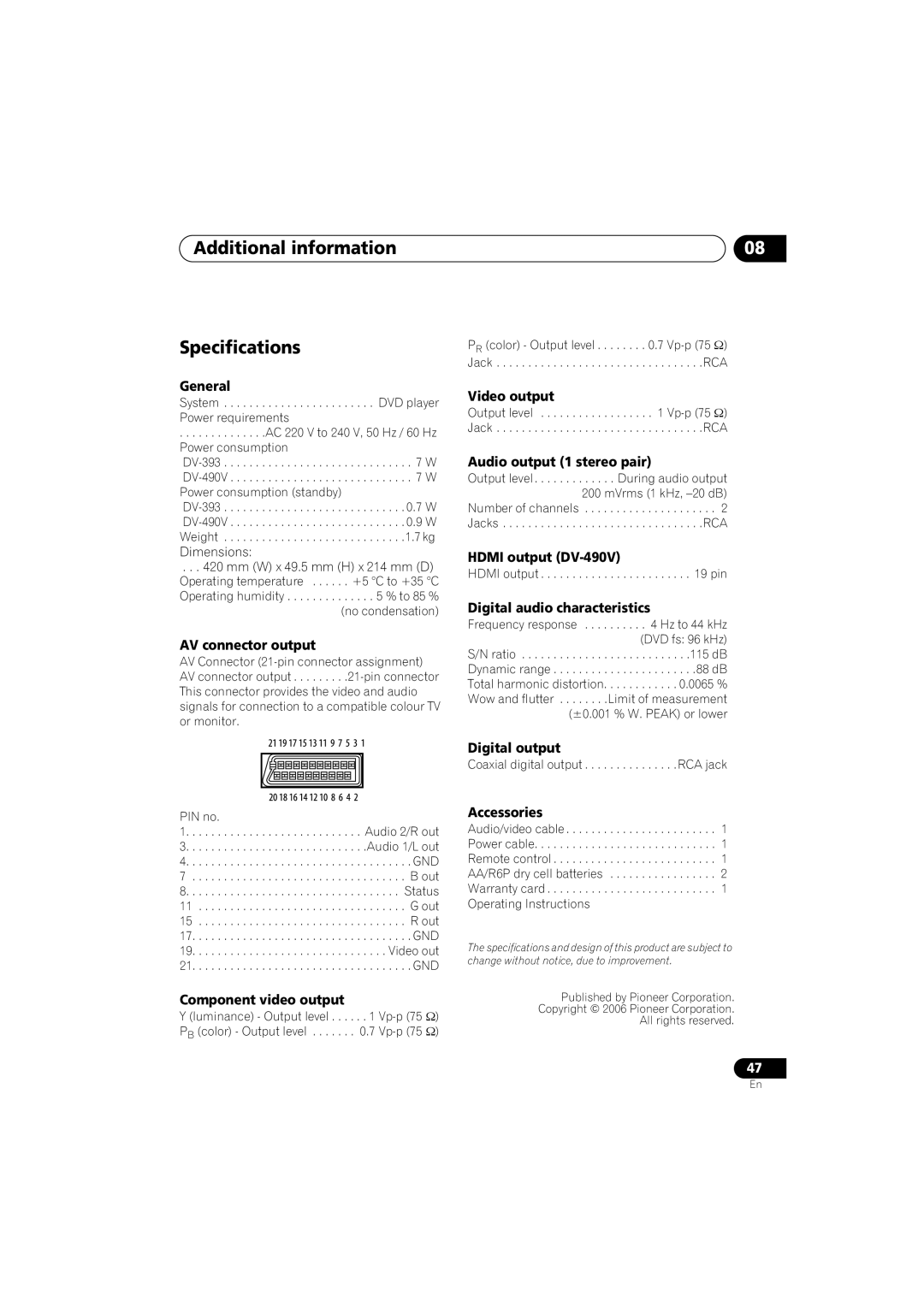 Pioneer DV-393-S manual Additional information Specifications, General 