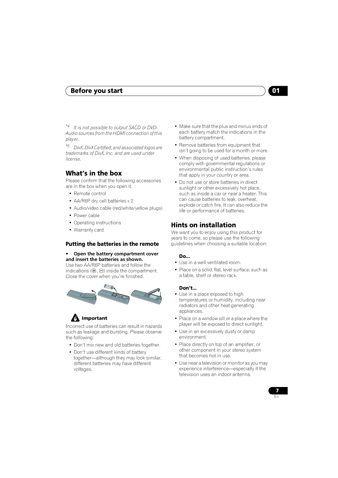 Pioneer DV-393-S manual Before you start, What’s in the box, Hints on installation, Putting the batteries in the remote 